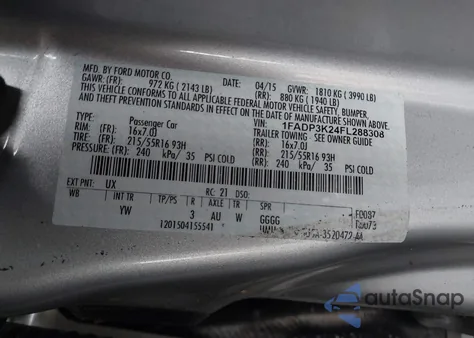 2015 Ford Focus Se from USA, damaged, VIN 1FADP3K24FL288308